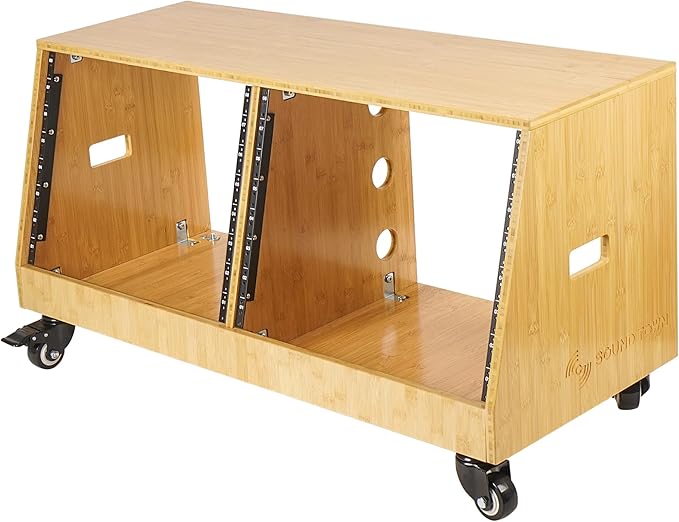 Sound Town DIY 2 x 8U Slanted Studio Rack with Solid Carbonized Bamboo, Casters, for Recording Room, Home Studio (STBR-D8T)