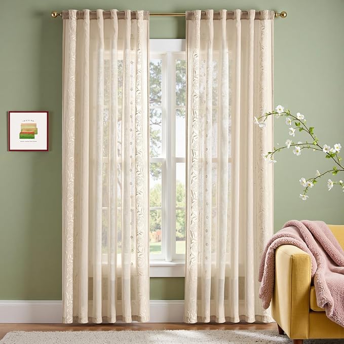 jinchan Winslow Beige Sheer Curtains 84 Inch for Bedroom Living Room Embroidered Bordered Floral Nursery Curtains for Playroom Dorm Light Filtering, Ivory on Beige, 2 Panels, 50W x 84L