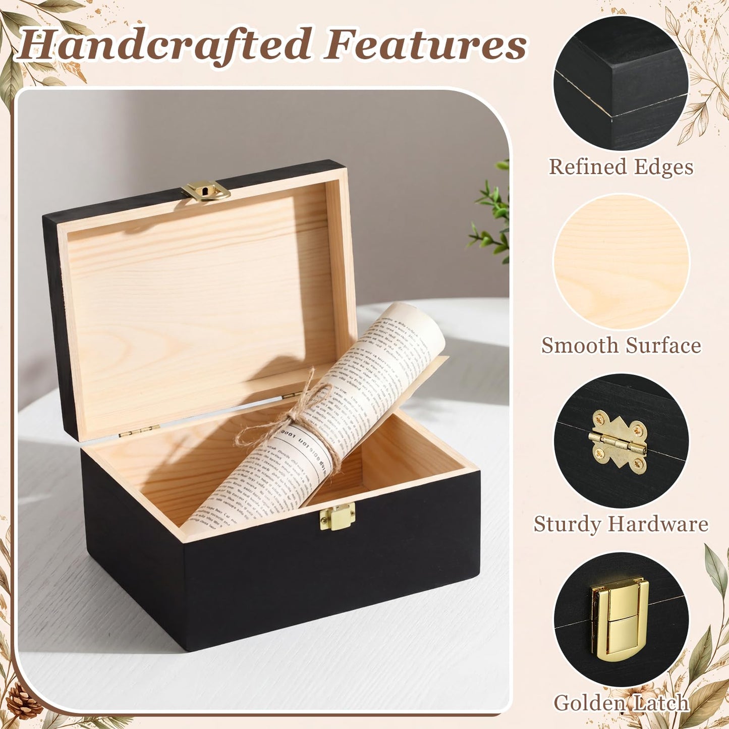 Novabright 3 Pack Wooden Keepsake Box, 3 Size Handmade Decorative Treasure Chest Box, Gift Ideas for Men & Women Jewelry Rings Storage(Black,Pine Wood,Simple)