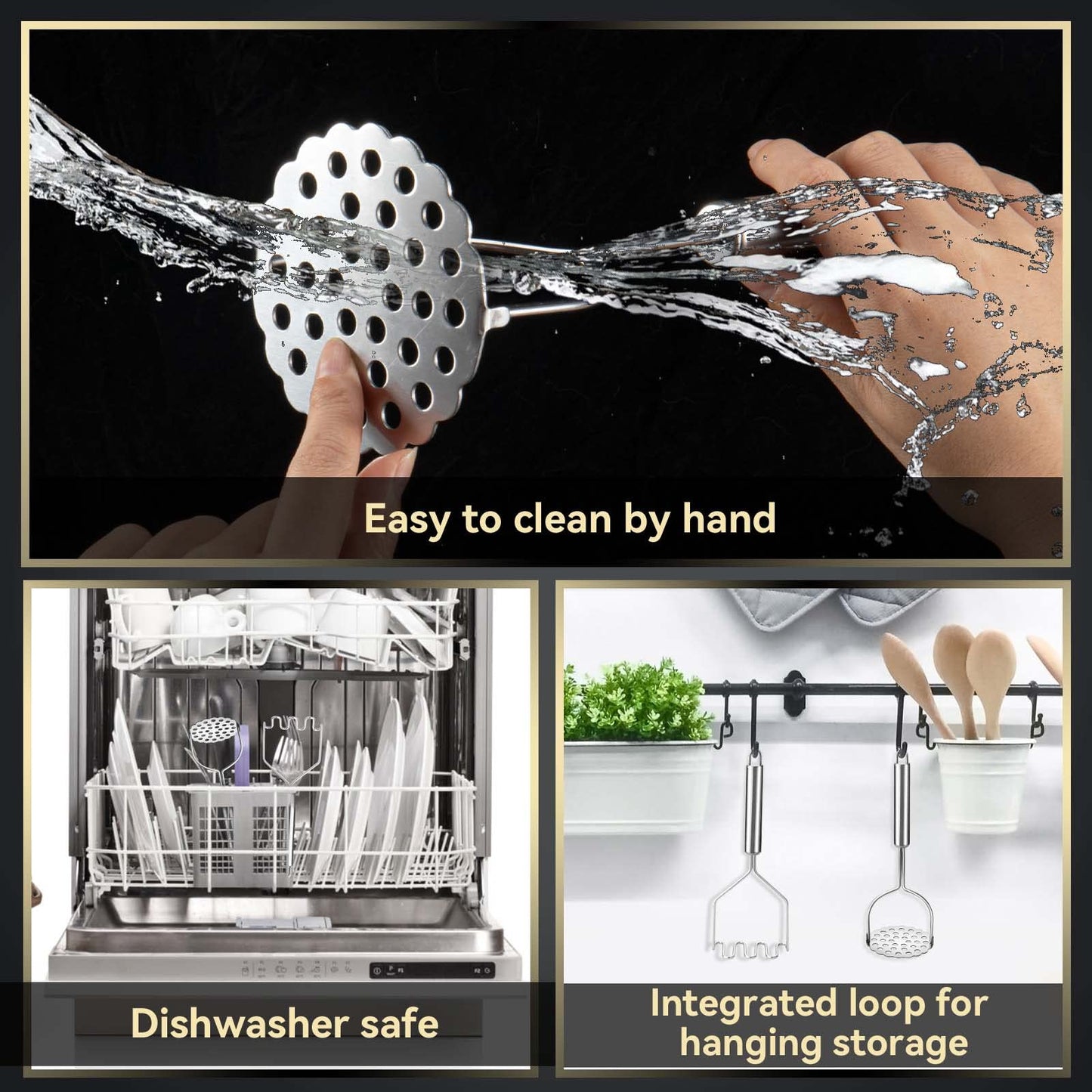 VOOVAO 2 Pcs Potato Smasher, Mashed Potato Masher, Stainless Steel Masher Kitchen Tool for Avocado, Bean, Fruit, Vegetables, Food
