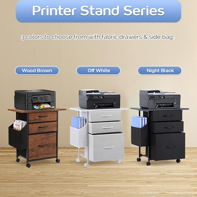 Printer Stand with 3 Fabric Drawer, Mobile File Cabinet for Home Office with Storage Bag, Rolling Under Desk Organizer Shelf, Fits A4 or Letter Size, Complete Top Plate Fast Assembly (White)