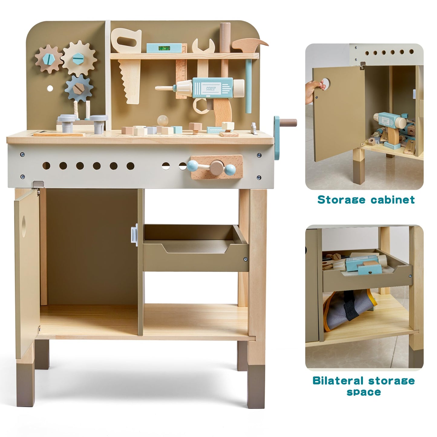 Kids Tool Set,Wooden Tools Bench with Apron Toddler Toy Workbench with Realistic Tools Electric Drill STEM Construction Toy Gifts for Age 3-9 Boys Girls