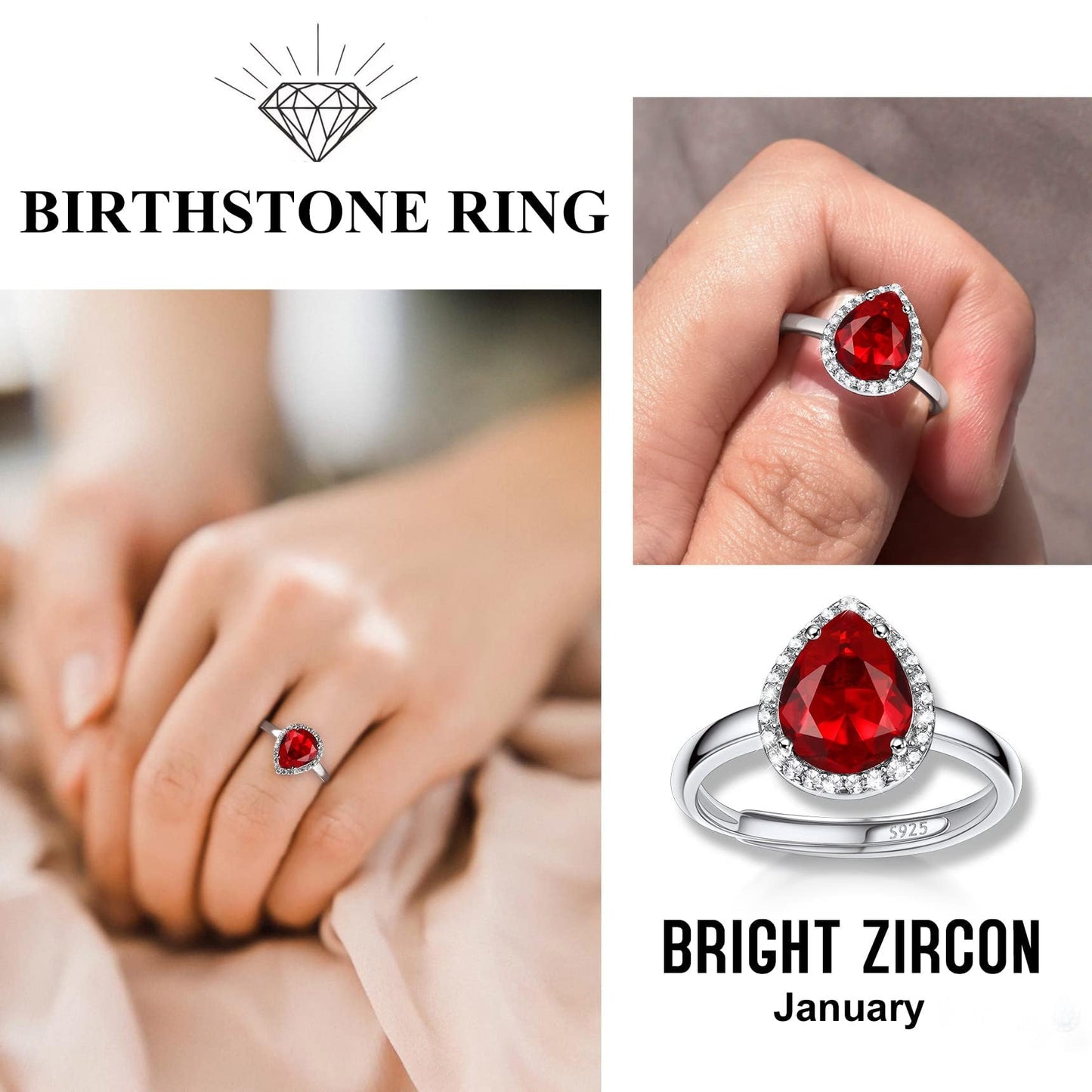 Bestyle 925 Sterling Silver Created Diamond Rings Teardrop Crytsal Rings for Women, 8mm January Granet Birthstone Gemstone Rings Illuminated by 1mm White Cubic Zirconia