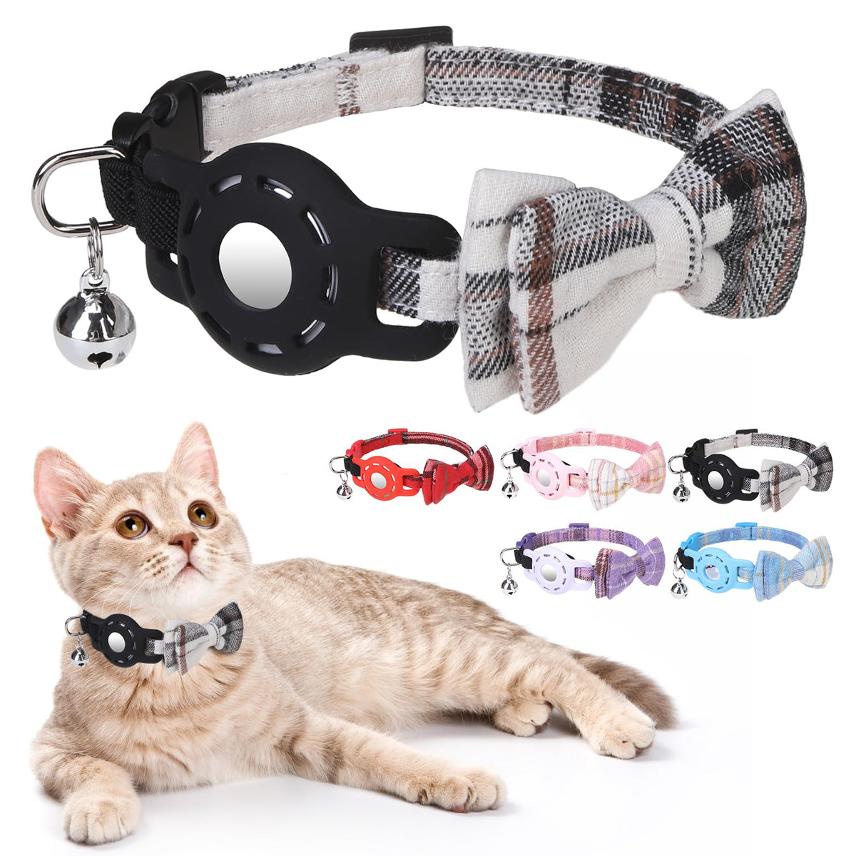 DILLYBUD Airtag Cat Collar Breakaway, Bow Tie Collar with Airtag Holder