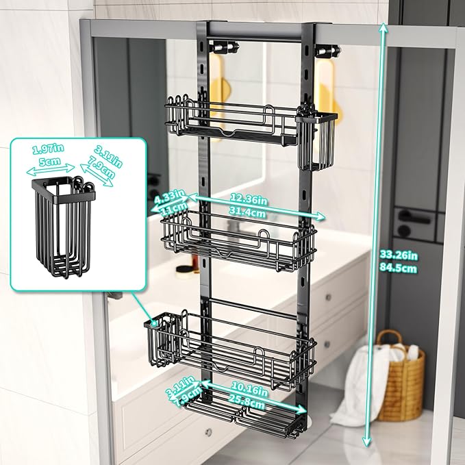 HapiRm 4 Tier Over the Door Shower Caddy, Hanging Shower Caddy with 22 Hooks and 2 Toothbrush Holders, No Drilling Adjustable Hanging Bathroom Organizer - Black