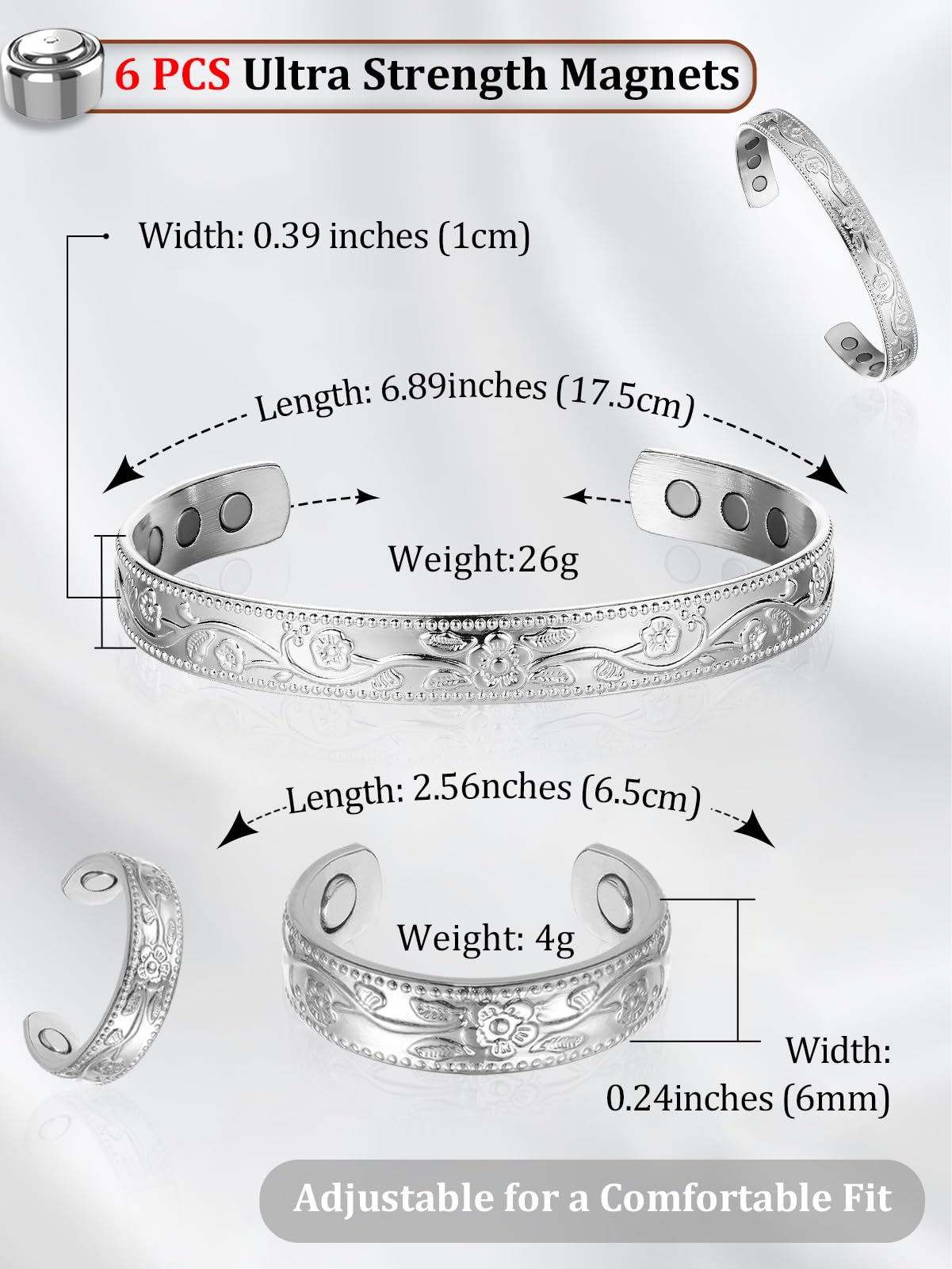 BioMag Lymphatic Drainage Ring & Copper Bracelet, 99.99% Pure Copper Magnetic Bracelet & Ring with Built-in 3500 Gauss Magnets, Adjustable Size, Floral Vine Pattern