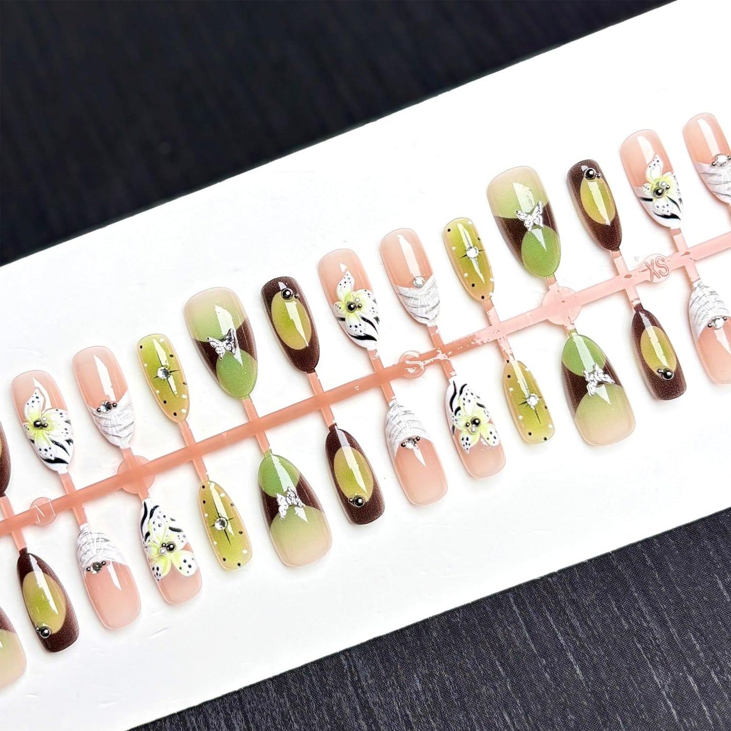30Pcs Green Press on Nails Almond Medium Fake Nails with 3D Rhinestone Design Stick on Nails Flower Butterfly False Nails Spring Summer Acrylic Nails French Tip Handmade Nail Art Kit for Women