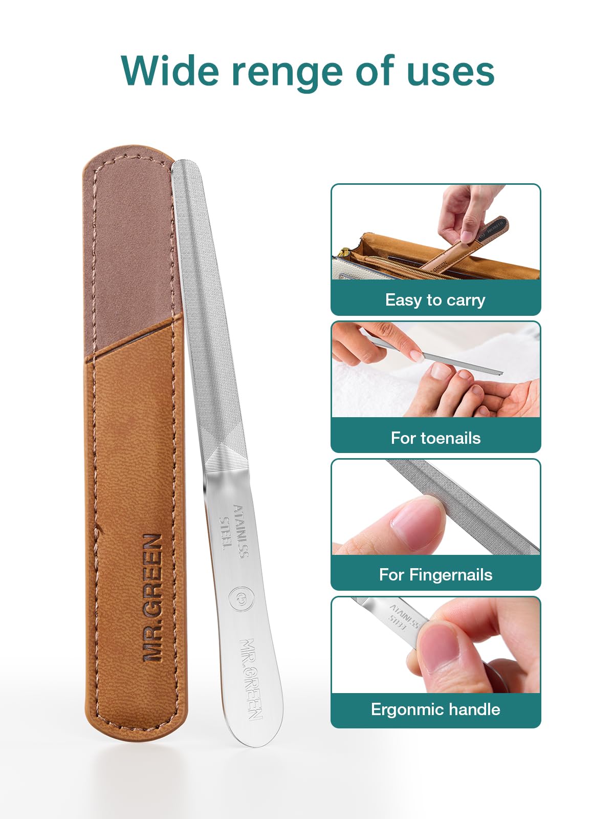 MR.GREEN Curved Nail File – Double-Sided Metal Nail File for Men & Women with Protective Travel Case, Ergonomic Anti-Slip Handle, Washable & Reusable, for Fingernails & Toenails