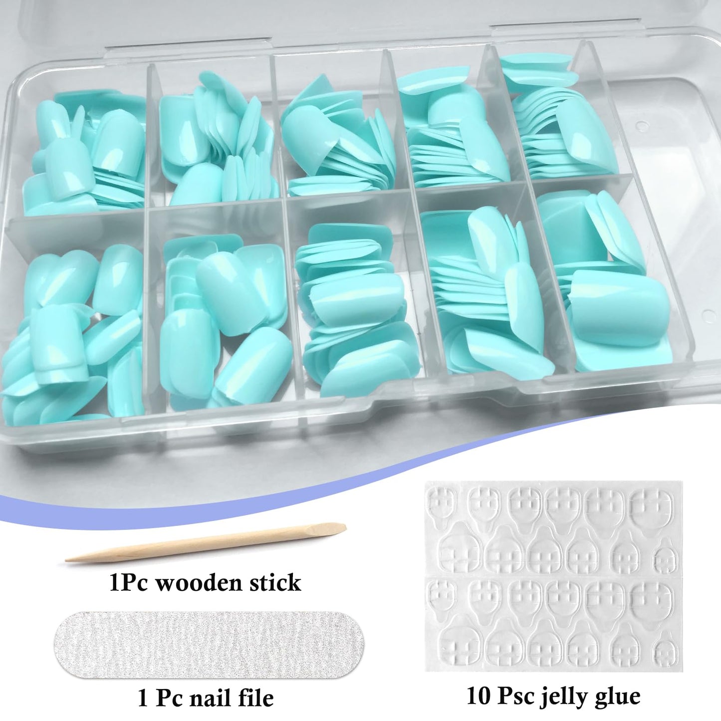 LuckForever Short Press on Nails 240pc Glossy Mint Blue Press on Nails Short Square Round Fake Nails Full Cover 10 Sheets Nail Adhesive Tabs,Small Wooden Sticks and Nail Files False Nails for Women