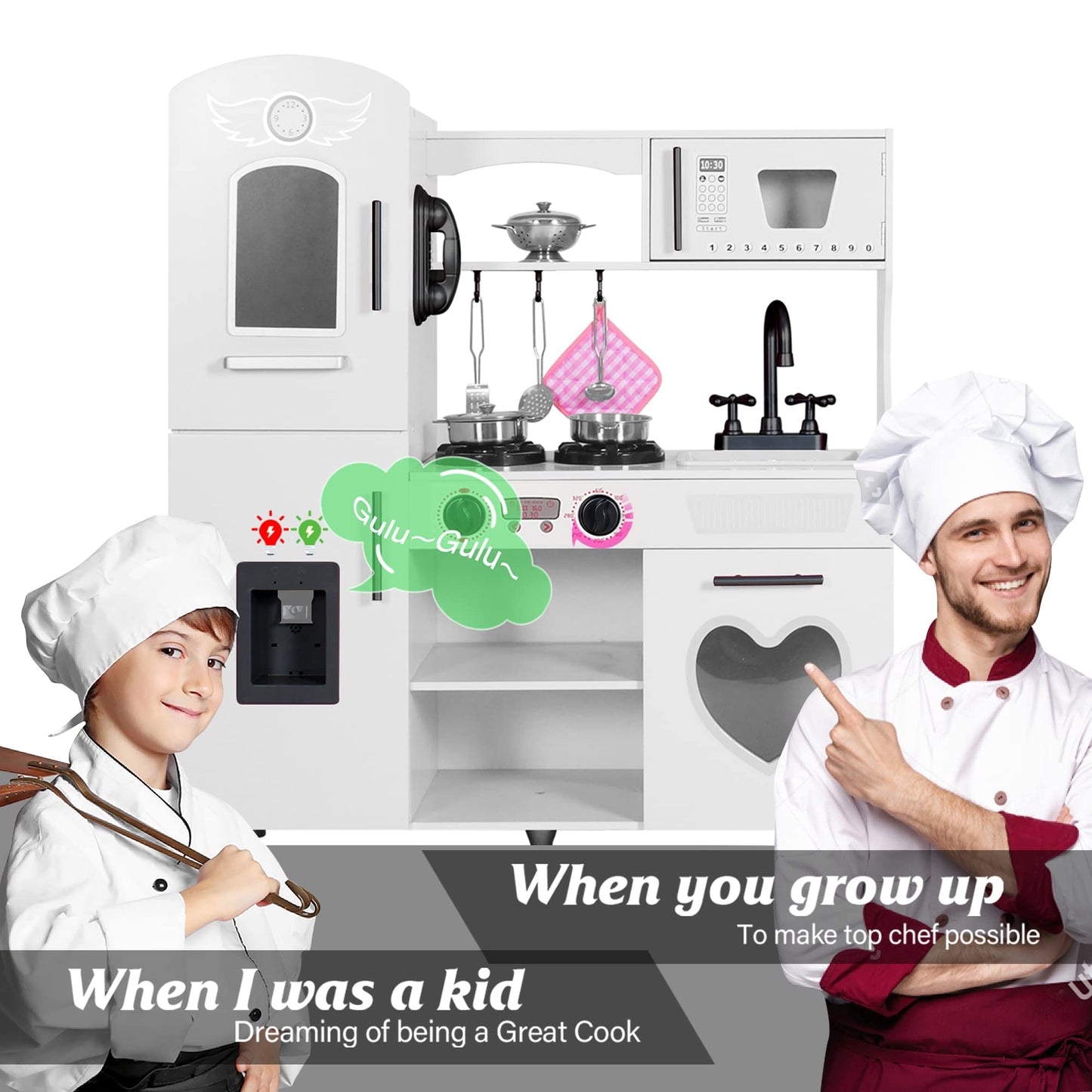 TaoHFE Wooden Kitchen Playset for Toddlers - Kitchen Toy Set with Lights & Sounds for Pretend Play, Gift for Kids Age 3+ (White)