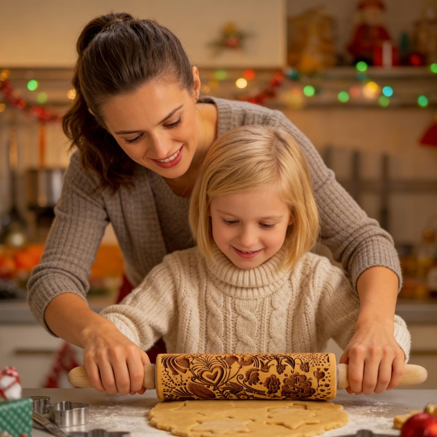 2 Pack Wooden Embossed Rolling Pin with Handles, Hardwood Dough Roller with Engraved Patterns, Kitchen Essential for Baking Pizza, Pies, Pastry, Cookies & Decorative Dough