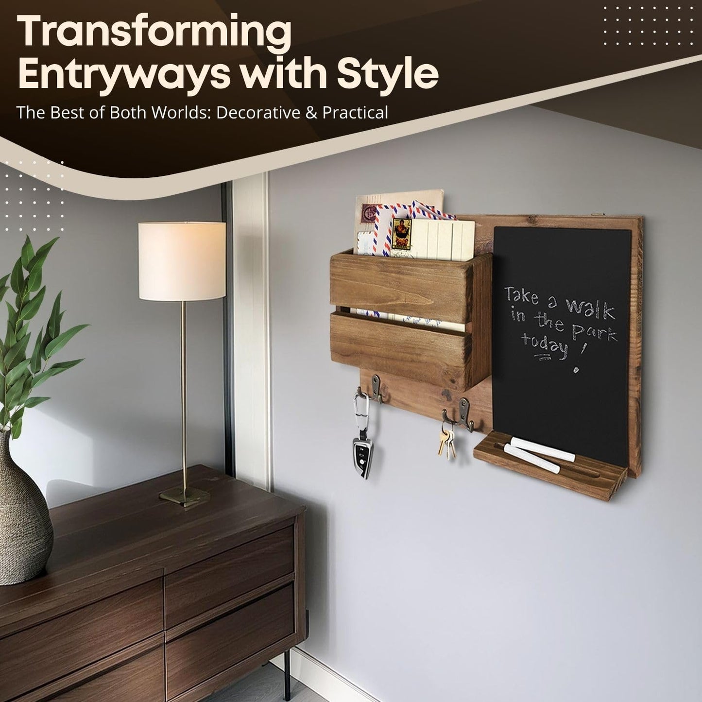 Flexzion Rustic Wood Entryway Mail Sorter Holder, Wall Mount Mudroom Storage Organizer with Blackboard Chalkboard Memo Board Message Sign & Key Hook Rack/f Front Door Furniture Accessory Home Office