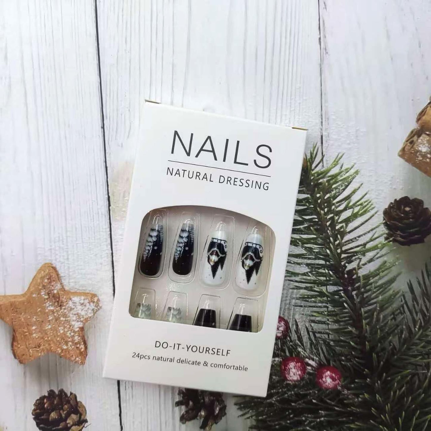 24 Christmas Press on Nails: Medium Coffin Glossy Acrylic False Nails with Santa Claus, Reindeer & Snowflake Designs - Black Press on Nails for Women & Girls