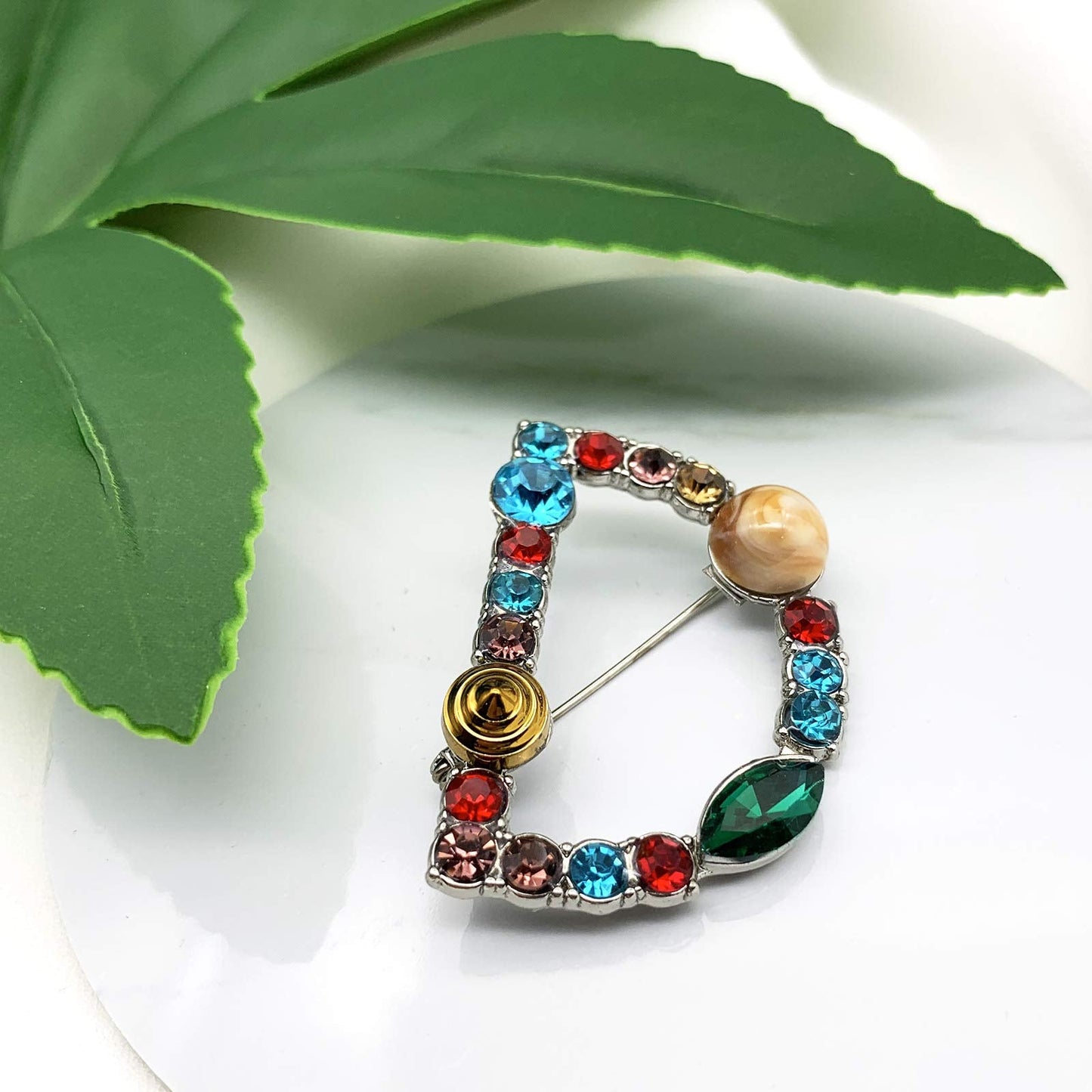 XGALBLA Letters D Plated Metal Stone Clear Colorful Crystal Lapel Pin Brooches Collar(Silver Tone)