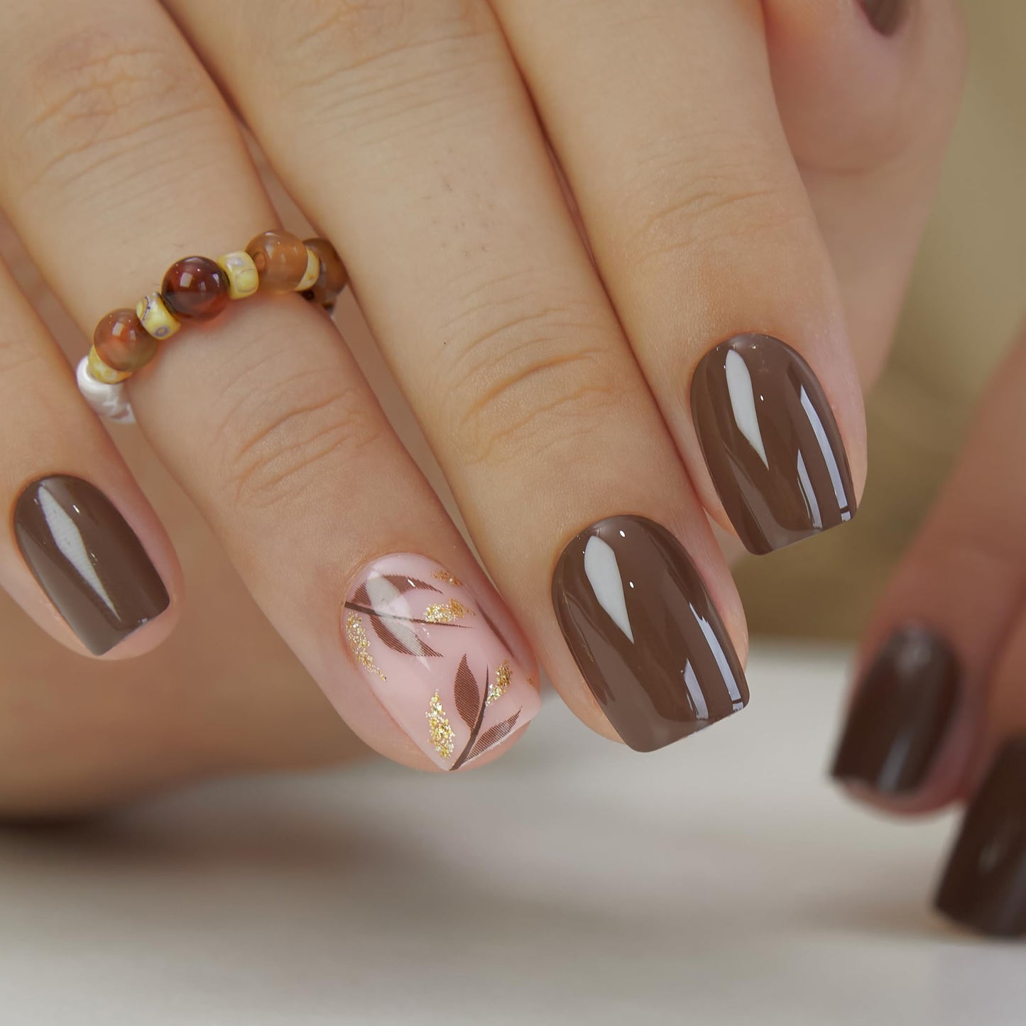 Curvlife 30pcs Press on Nails, Soft Gel Fake Nail with Botanical Brown Short Square Apricot Design, Full Cover False Nails Tips Glossy Nude Glue on Nails Artificial Stick on Nails for Women