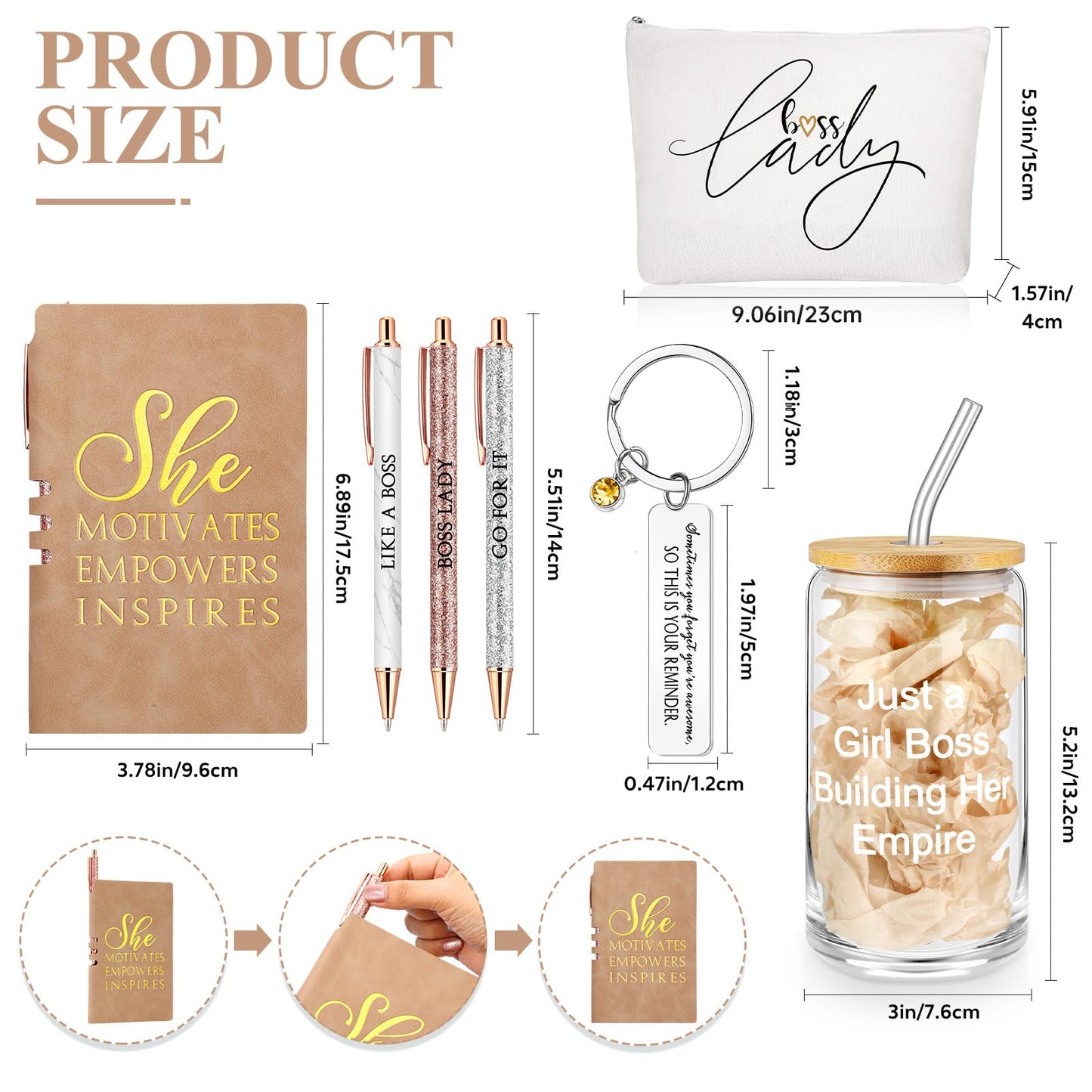 SiliFine Khaki 7 Pcs Boss Gift Sets for Women Her Lady, Best Boss Appreciation Gift 16 oz Glass Cup Lady Makeup Bag Keychain A6 Notepad Ballpoints Pen for Female Leader Manager