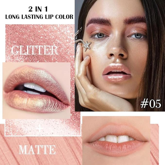 Kaely 2-in-1 Champagne Gold Metallic Lipstick and Lip Liner, Shimmer Liquid Metallic Lipsticks for Women, Glitter Lip Gloss Stain Long Lasting Waterproof Smudge Proof 24 Hour, Vegan Makeup, 05