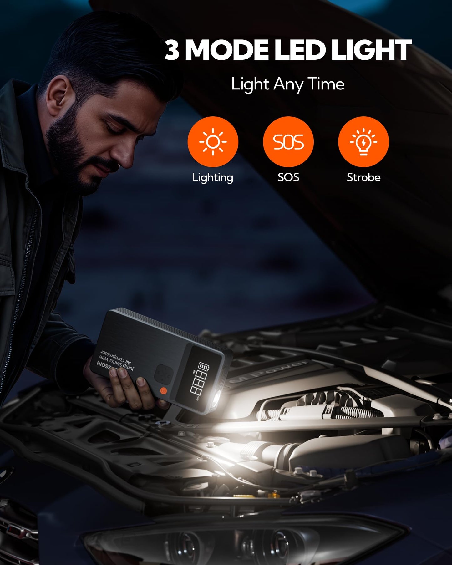 Car Battery Jump Starter with Air Compressor,44.4Wh Battery Jump Box with Tire Inflator,Jump Booster with Smart Jumper Cables,LED Light Emergency Car Kits for Vehicles,Arrancador Ae Batería