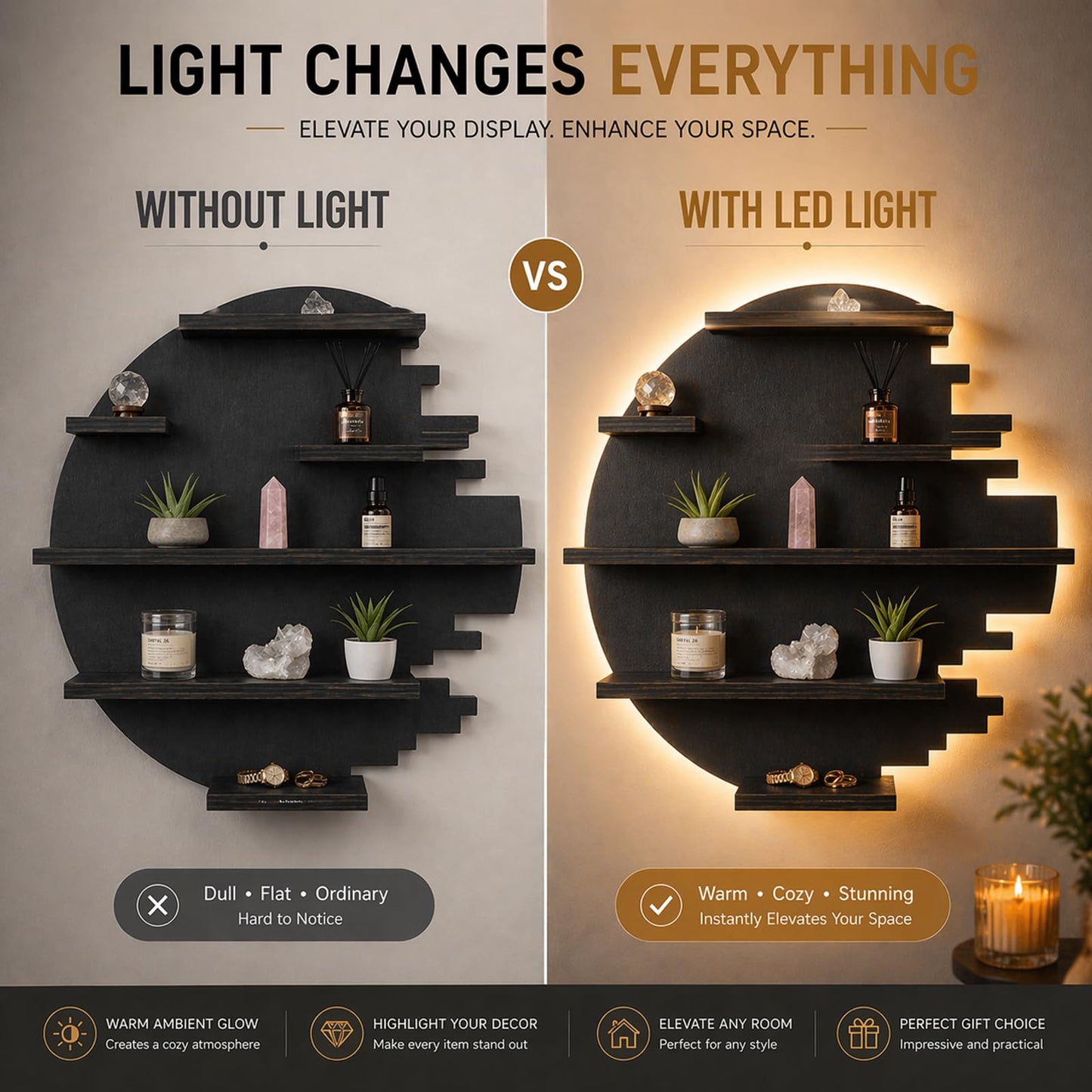 HBSGS LED Crystal Shelf for Wall, Wooden Floating Shelves with Light, Crystal Display Shelf for Healing Stones, Rock Gem Organizer, Witchy Wall Decor for Essential Oils, Trinkets, Boho Room Aesthetic