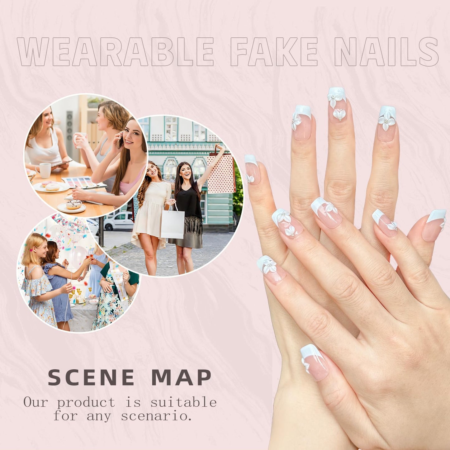 Handmade Press on Nails Short Coffin - French Tip Acrylic Fake Nails with 3D White Flower Designs, Elegant & Simple False Nails, Salon-Quality DIY Nail Art（M-10PCS)