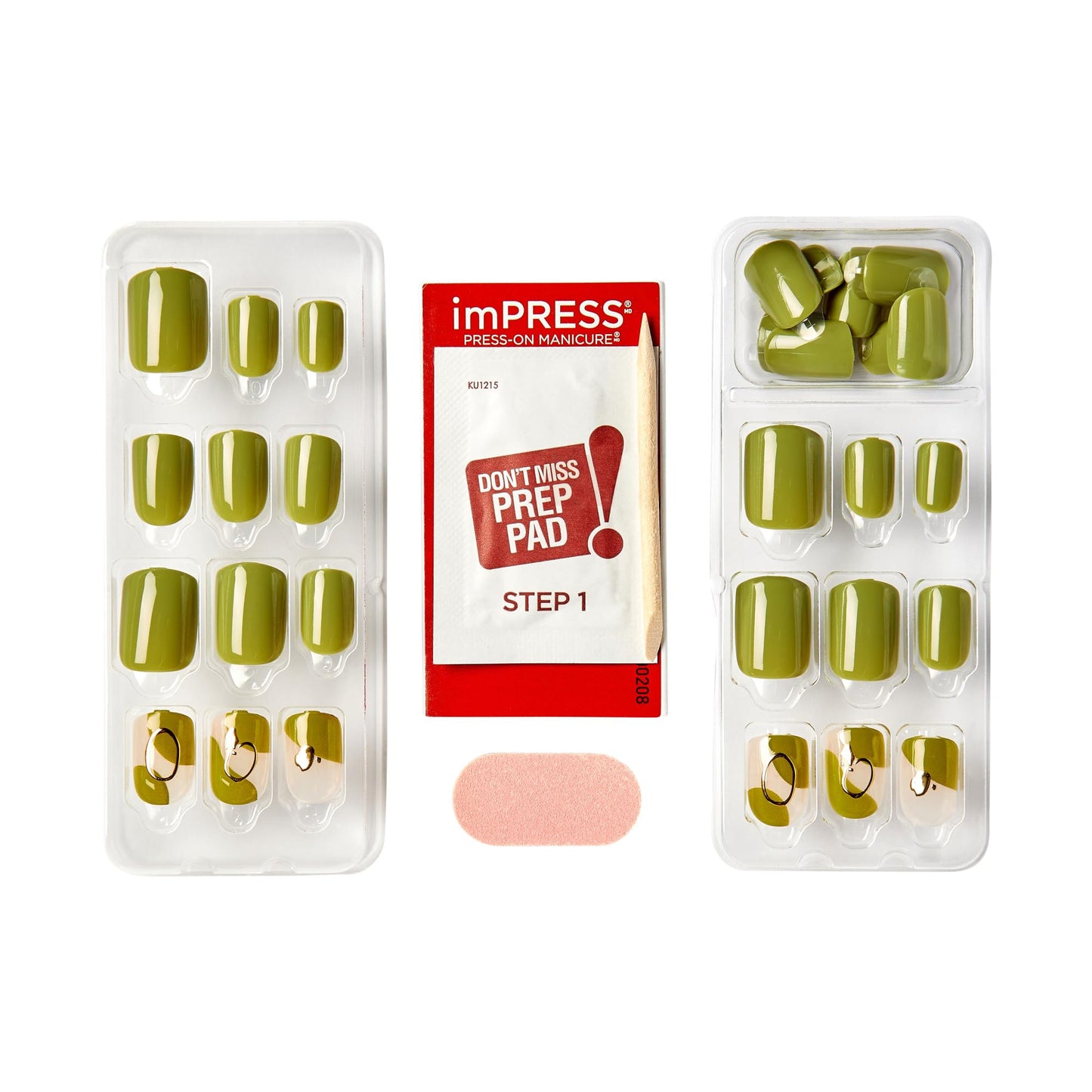 Kiss Impress No Glue Mani Press On Nails, Design, 'Before Sunrise', Green, Short Size, Squoval Shape, Includes 30 Nails, Prep Pad, Instructions Sheet, 1 Manicure Stick, 1 Mini File