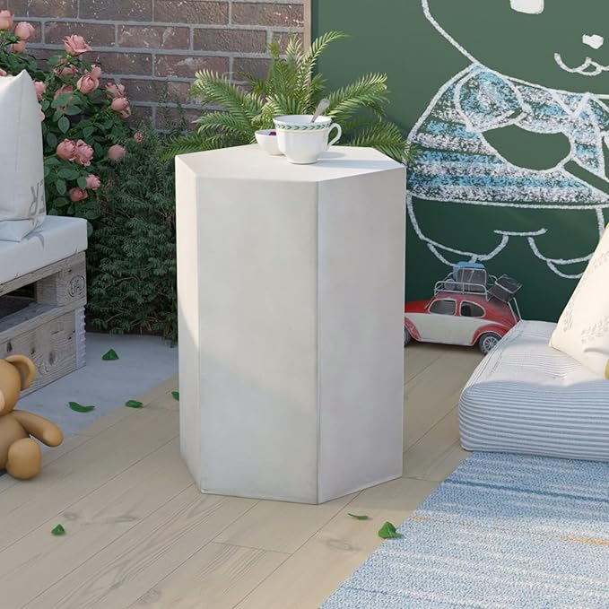 COSIEST Concrete Accent Table, Hexagon Patio Side Table 14.5''Wx20''H, Modular Design Indoor Outdoor End Table, Light Grey