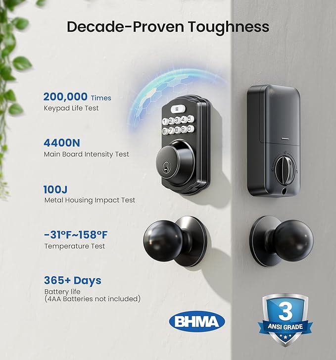 Veise Keyless Entry Door Lock with 2 Knobs, Electronic Backlit Keypad Deadbolt with Handle Set, Auto Lock, One-time Codes, Smart Deadbolt for Front Door, Easy Installation, Matte Black