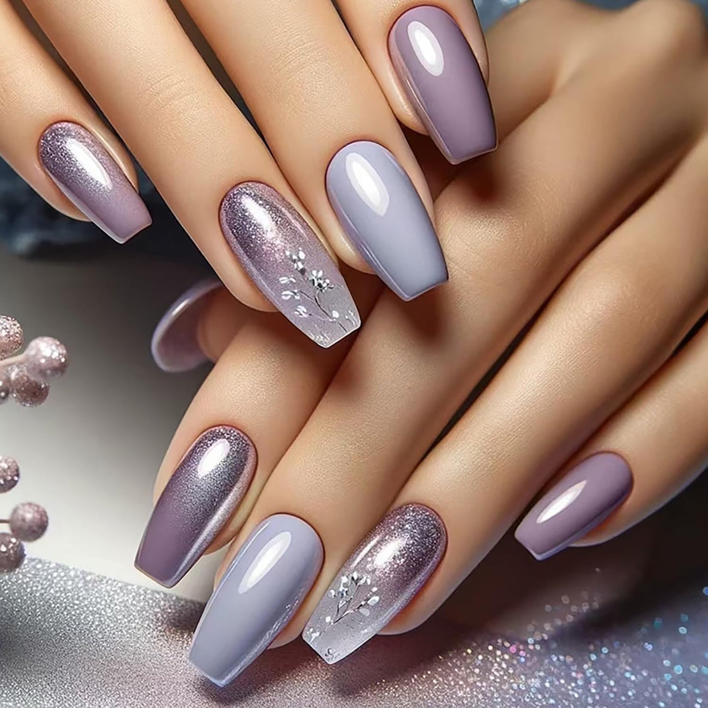 CJDLTS Light Purple False Nails Gradient Press on Nails Medium Ballet Shaped Nails Flower Pattern Design French Stick on Nails Cute Fake Nails Artificial Coffin Nails Acrylic Glue on Nails for Women