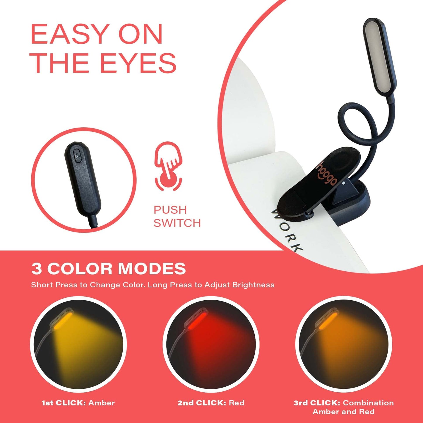 hooga Amber Book Light – Blue Light Blocking Reading Light for Bed, Stepless Dimming, Rechargeable Clip-On Night Light, 1600K Amber & 625nm Red LED for Night Reading