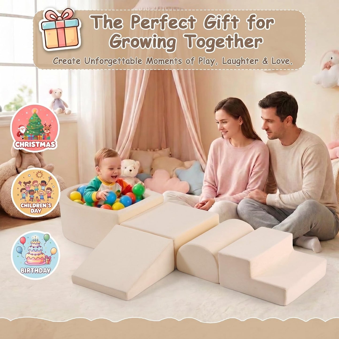 Tiita Foam Climbing Blocks with Small Ball Pit Playground for Baby, Climb and Crawl Playset 5-Piece - Indoor Soft Play Climber for Playtime Fun, Beige