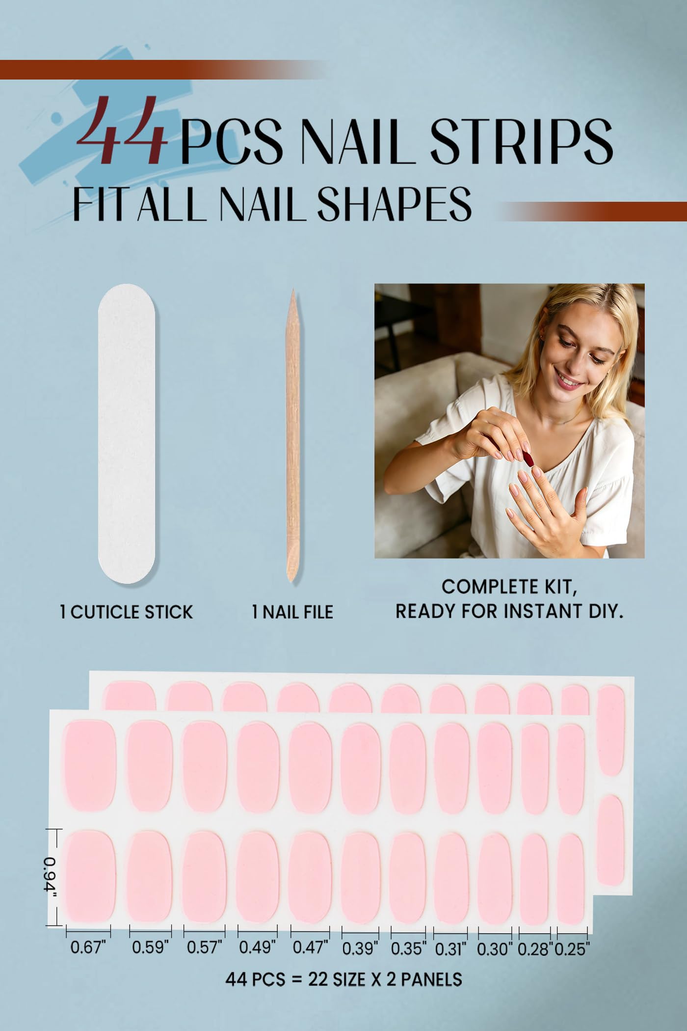 Gel Nail Strips 44Pcs, No UV Light Needed Gel Stickers, Pre-Cured Nail Polish Stickers for Women Salon Quality, Chip Resistant,Polish Wraps Long Lasting, Easy Apply & Remove (Cream Pink)