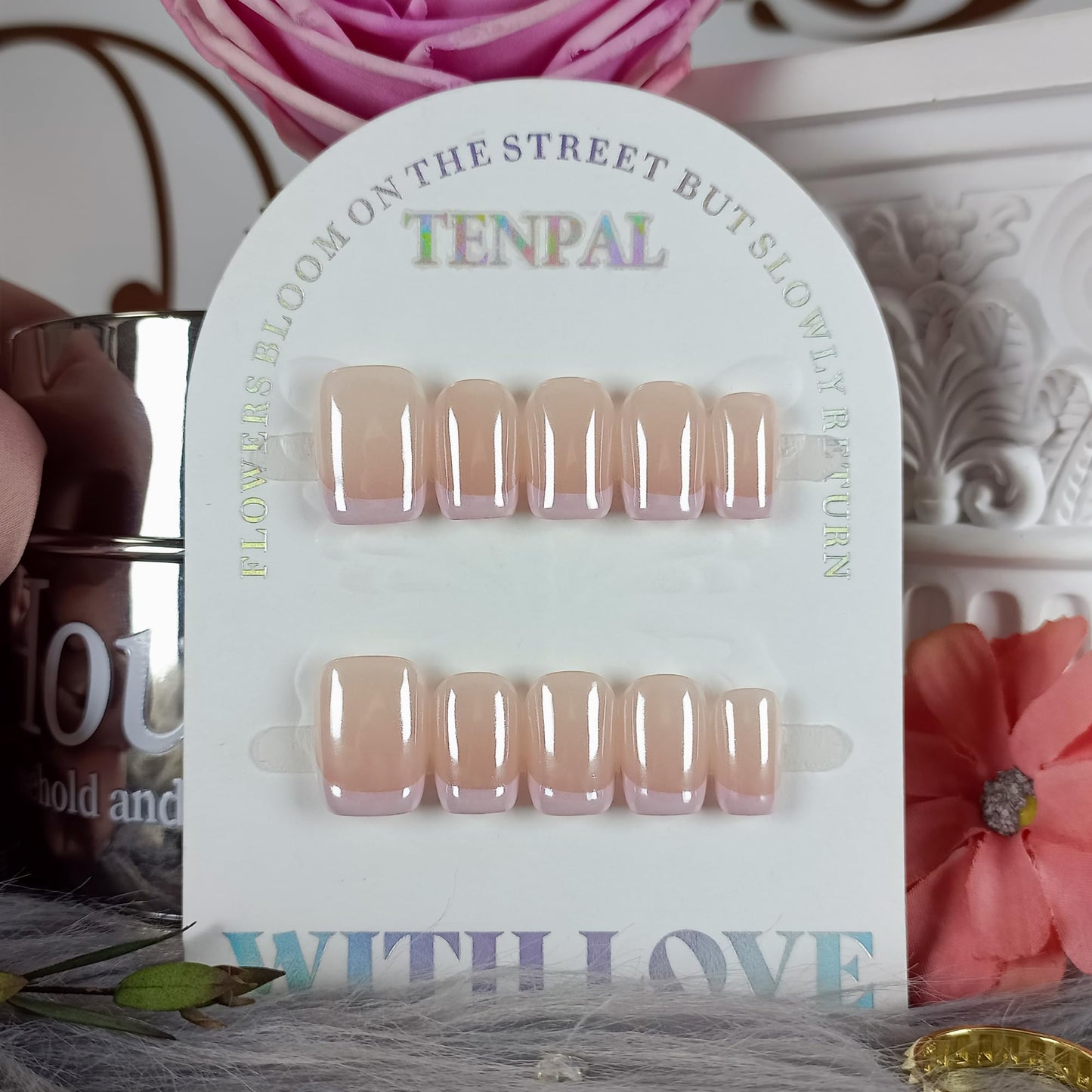 TENPAL Aurora Blush Pink French Tips Press on Nails Short Square Minimalist & Reusable False Nails for Everyday Luxury | Clean Chic Style(M)