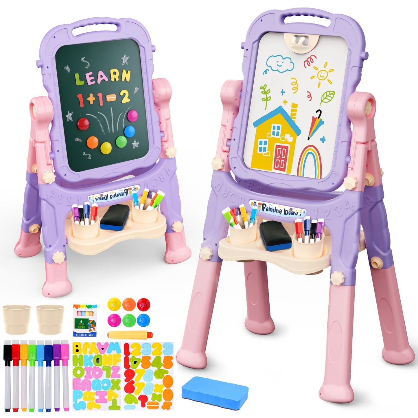 AuntyFey Easel for Kids, Toddler Easel, Double-Sided Chalk Board Kid, White Board, Kid Art Easel, Art Easel Age 4-8, Christmas Gift, Pink&Purple