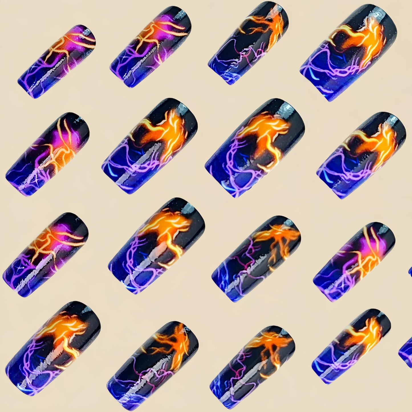 Press On Medium Square Aurora Blue Lightning Stripe Smudge Design False Nails - Full Cover Acrylic Coffin Nails, Reusable Glue On, DIY Stick On for Women - 24Pcs
