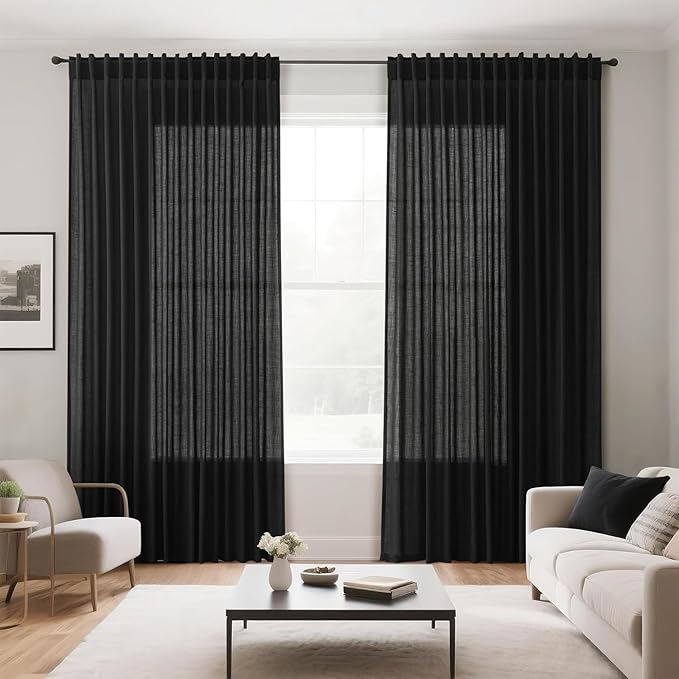 Solid Black Curtains 96 Inches Long 2 Panel Set Back Tab Sheer Black Linen Curtain Modern Farmhouse Muslin Look Cotton Textured Gauze Curtains 96 inch Length for Patio Sliding Door Office Bedroom