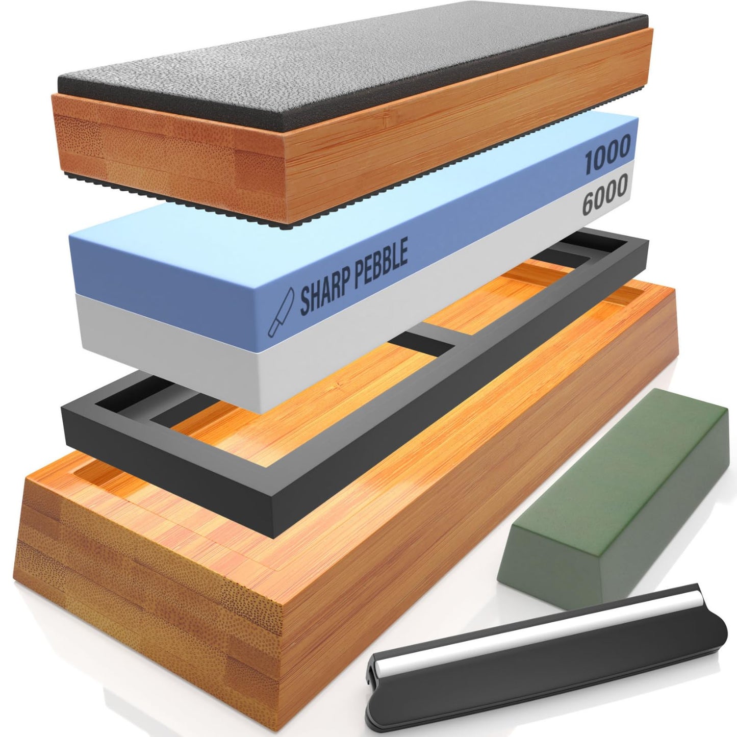 Sharp Pebble Knife Sharpening Stones Kit with 1000/6000 and Classic Leather Strop with Angle Guide & Green Compound