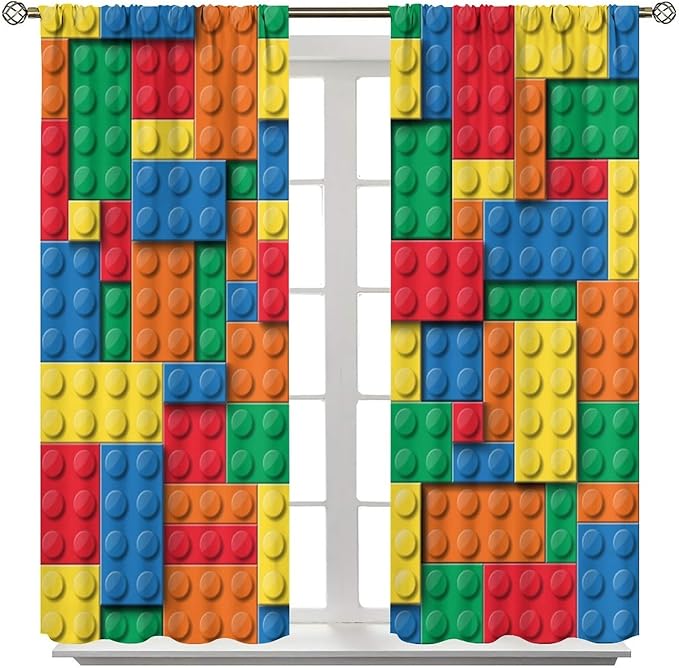 Kids Building Blocks Toy Curtains Children's Room Abstract Outline Colorful Plastic Toys Geometric Bricks Print Curtains for Boys Girls Nursery Curtains 42x45 Inches 2 Panels