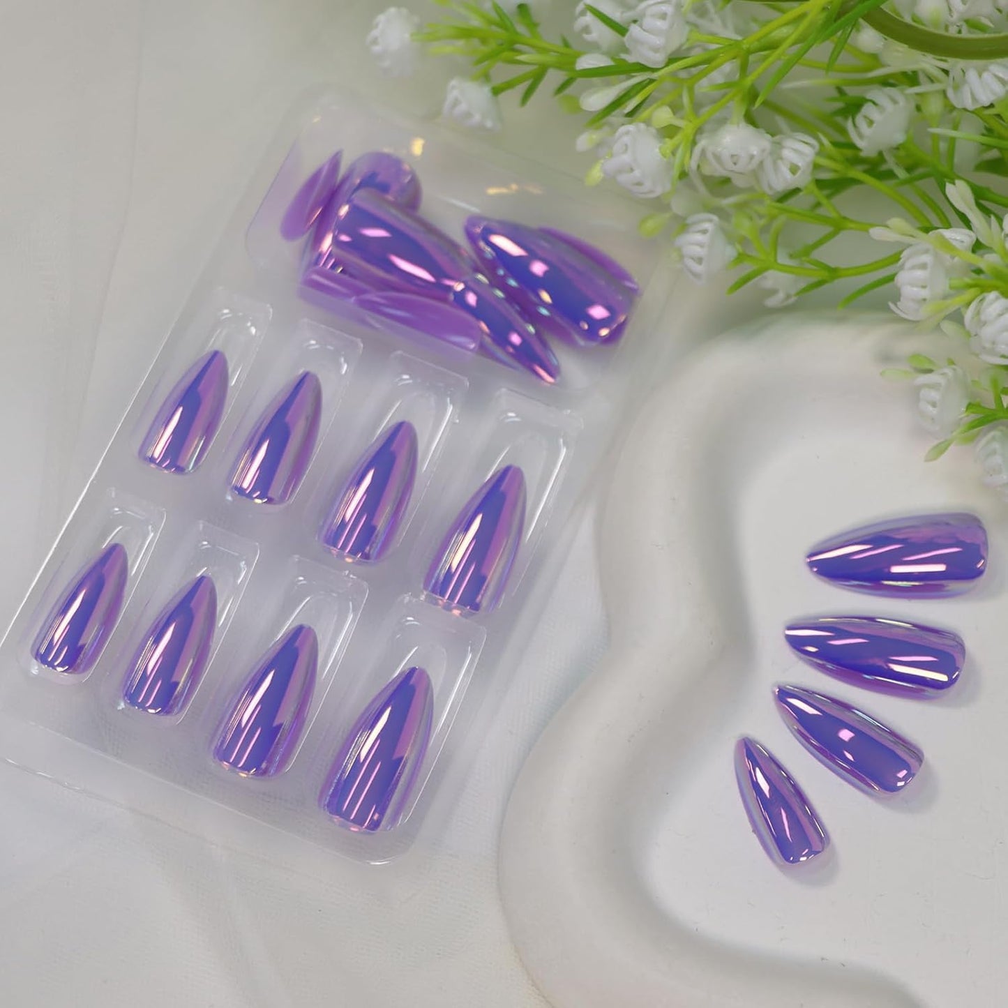 Almond Press on Nails Medium Fake Nails with Chrome Aurora Designs Glossy Purple Nails Press ons Full Cover Acrylic Nail Cute Stick on Nail for Women 24 Pcs