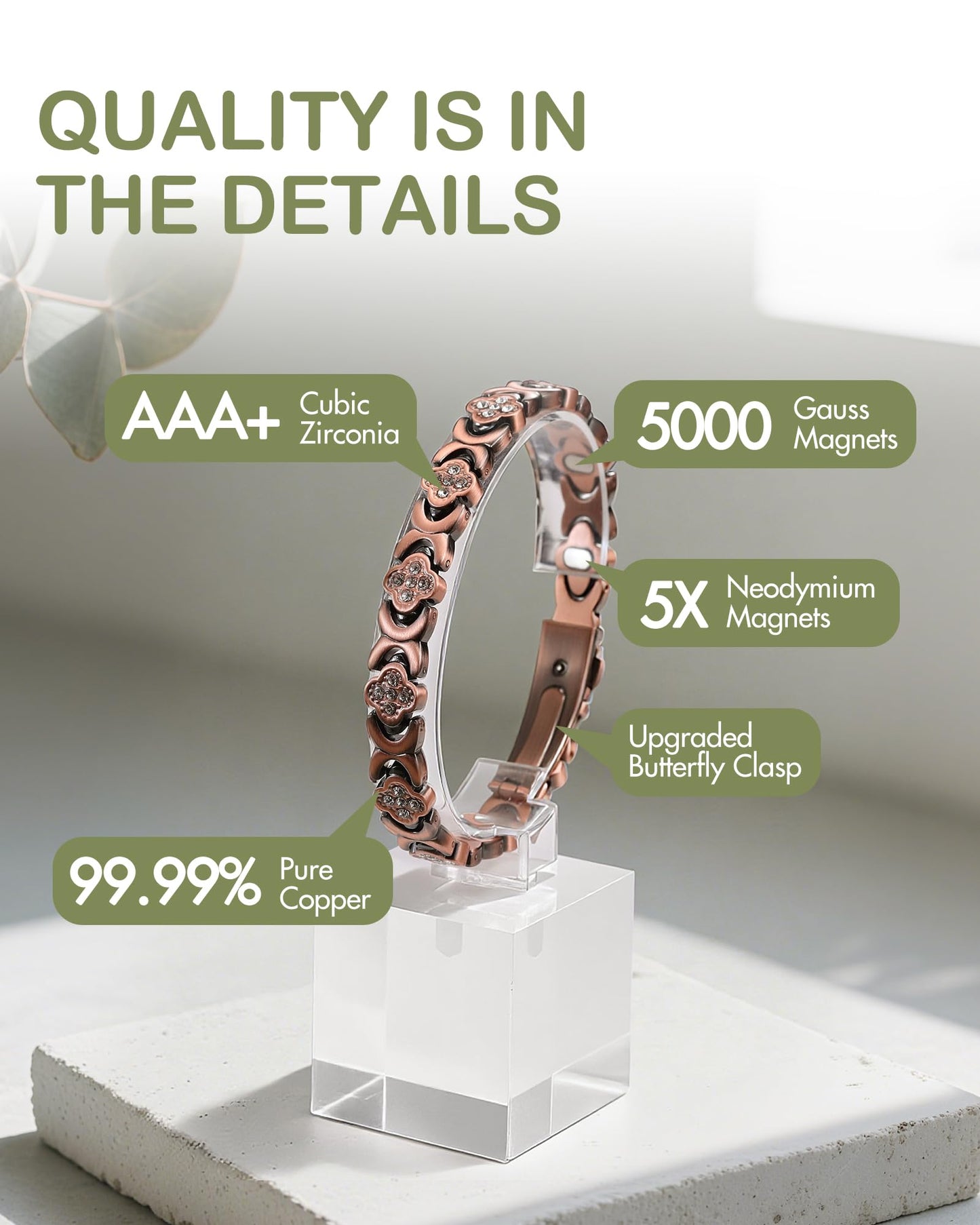Feraco Pure Copper Bracelets for Women, 5X Ultra Strength Magnetic Bracelet with 5000 Gauss Magnets & Sparkling Cubic Zirconia, Premium Folding Clasp, Infinite Clover Jewelry Gift