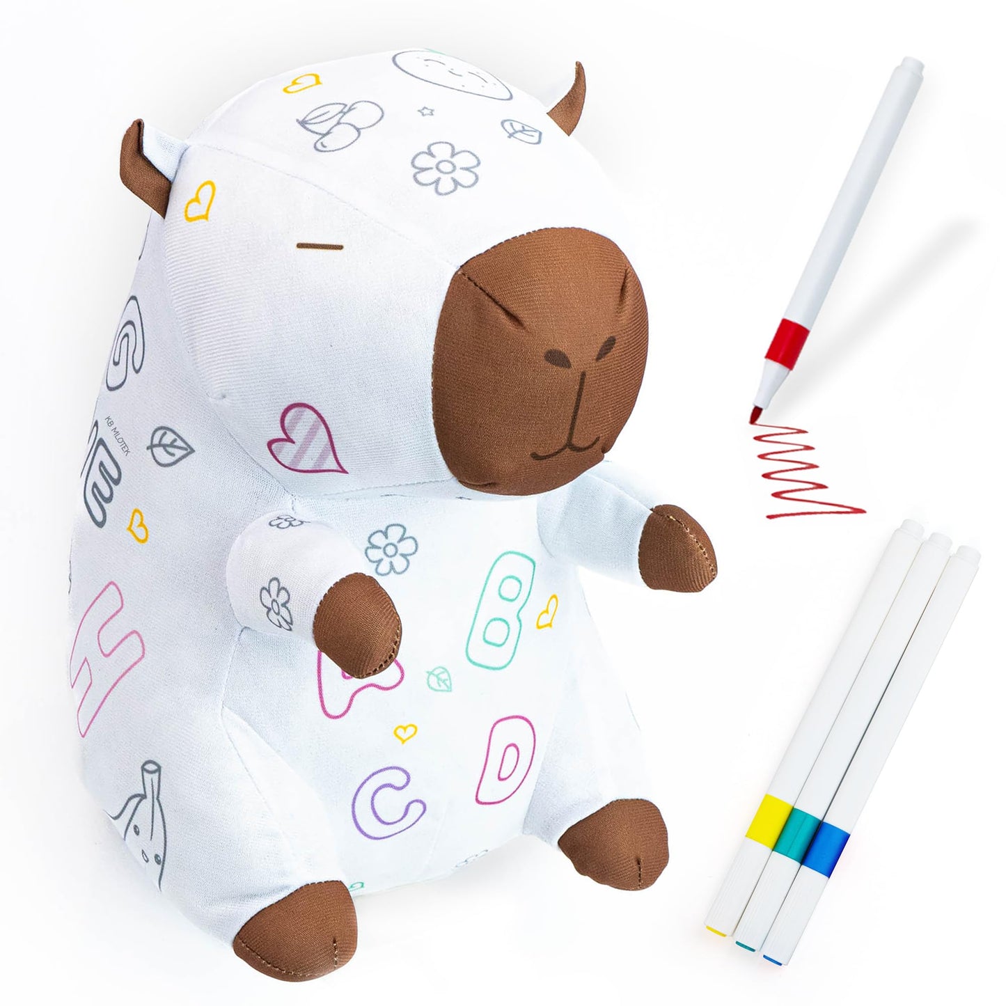 KB Mlotek Capybara Coloring Plush Toy - Washable Doodle Stuffed Animal with Traceable Numbers & Letters - Color Me Plush Includes 4 Markers - Educational Reusable Draw on Stuffed Animal Doodle Doll