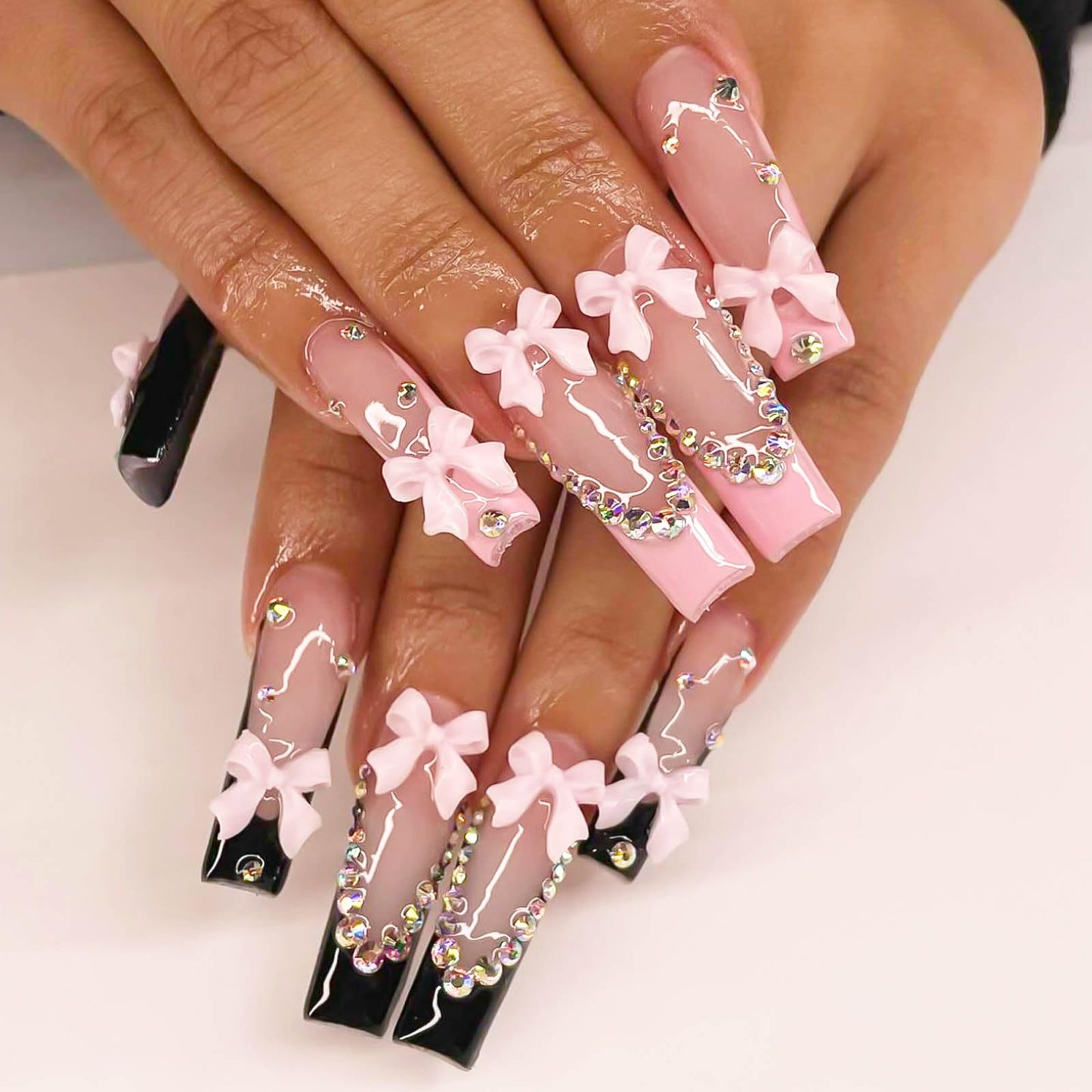 RUOKEXIN Long Square Press-on Nails: French Tip False Nails with Bow Rhinestones Designs - Pink, Black, Sparkly, Artificial 24Pcs