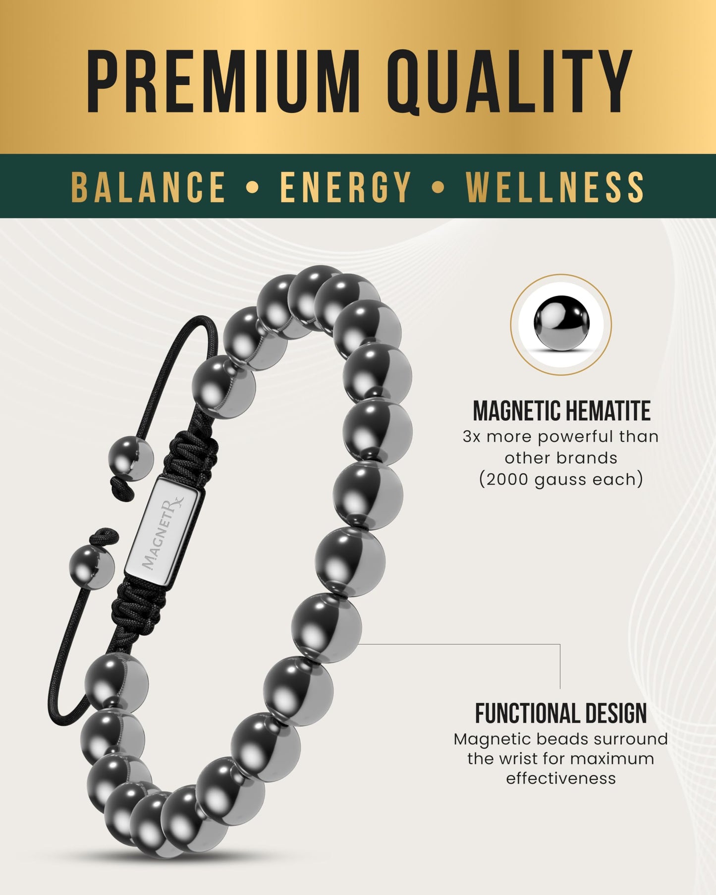 MagnetRX® Hematite Magnetic Bracelet - Max Strength Magnet Stones - Beaded Magnetic Hematite Bracelets (Classic 8mm Bead)