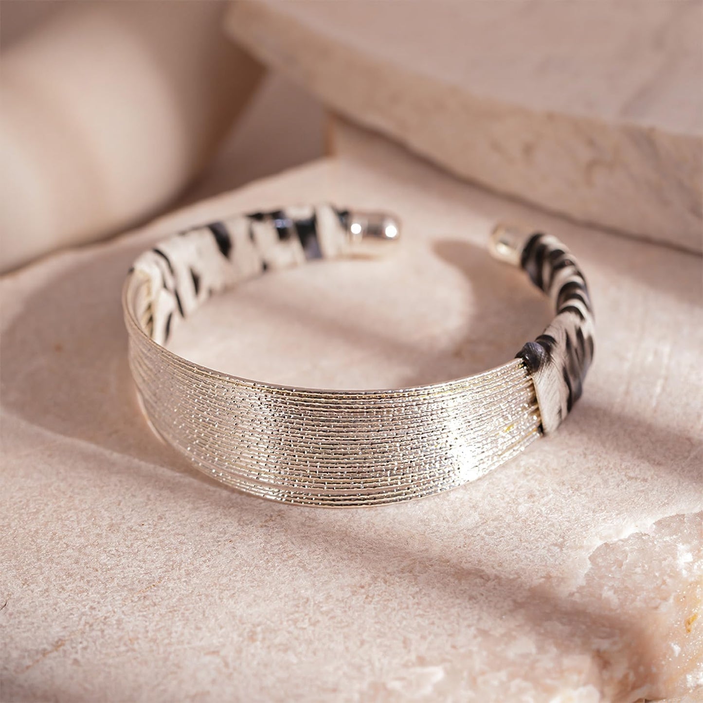Chunky Silver Bangle Bracelets for Women, Trendy Open Adjustable Filigrace Bracelets with Leather Wrap Stackable Statement Leopard Cuff Bracelet for Women & Men Handmade Jewelry for Christmas Birthday