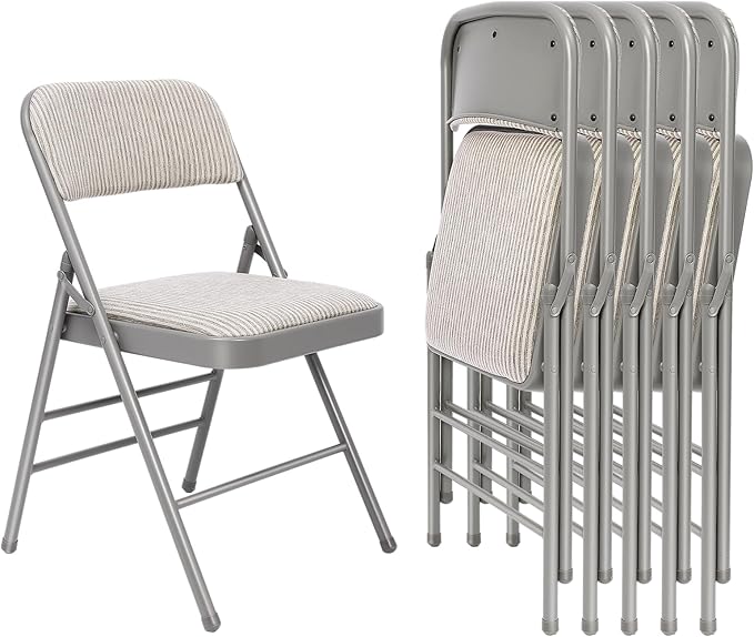 6 Pack Folding Chairs Fabric Dining Chair Set with Padded Cushion and Back, Indoor Outdoor Foldable Seat with Steel Frame for Home Office Events Wedding Party, Oatmeal Strip Seating