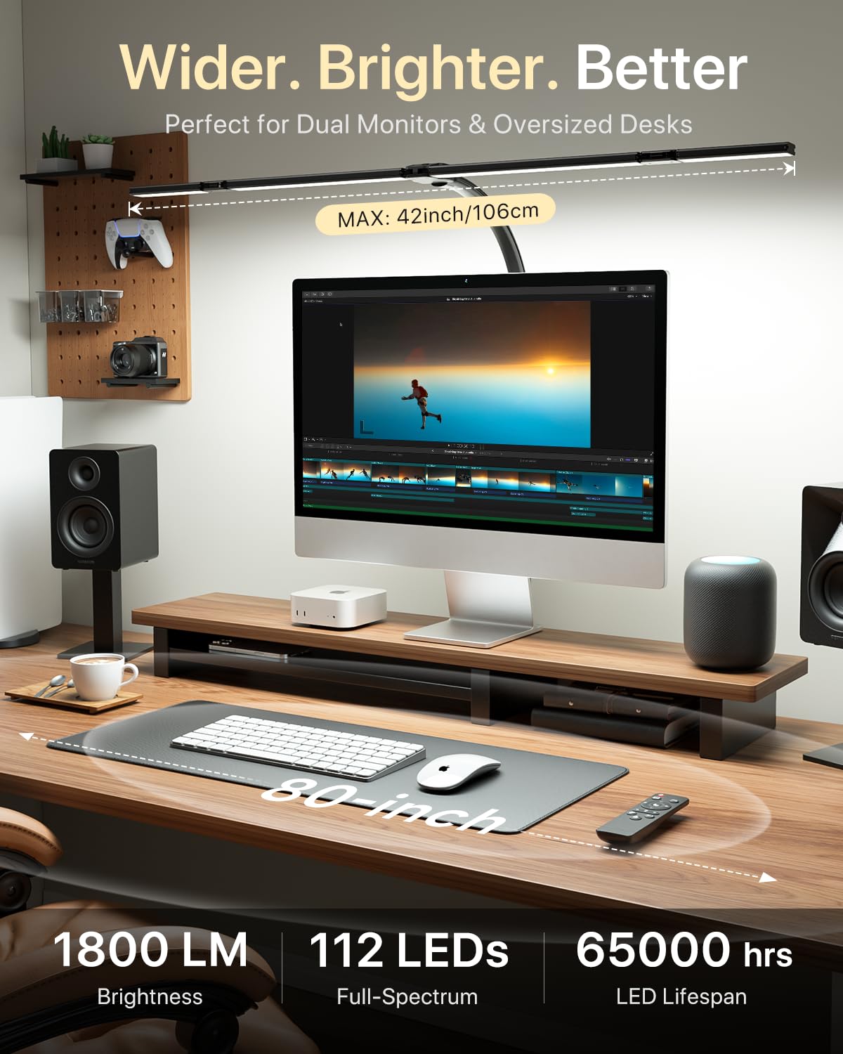 ONEMIX 42" LED Desk Lamp with Clamp, Architect Desk Light with Remote, Adjustable 4-Segment Bar, 1800LM Bright, Eye-Caring Desk Lamp for Home Office, Reading, Study, Dual Monitors, Workbench(Black)