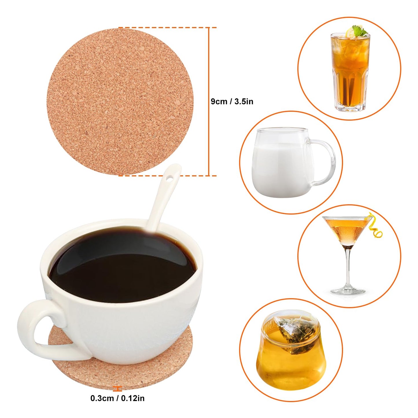 Geytetqi 180 Pack 3.5 Inch Round Cork Coasters, Cork Drink Coasters for Drinks, Suitable for Tabletop, Decor, Resistant, DIY Project