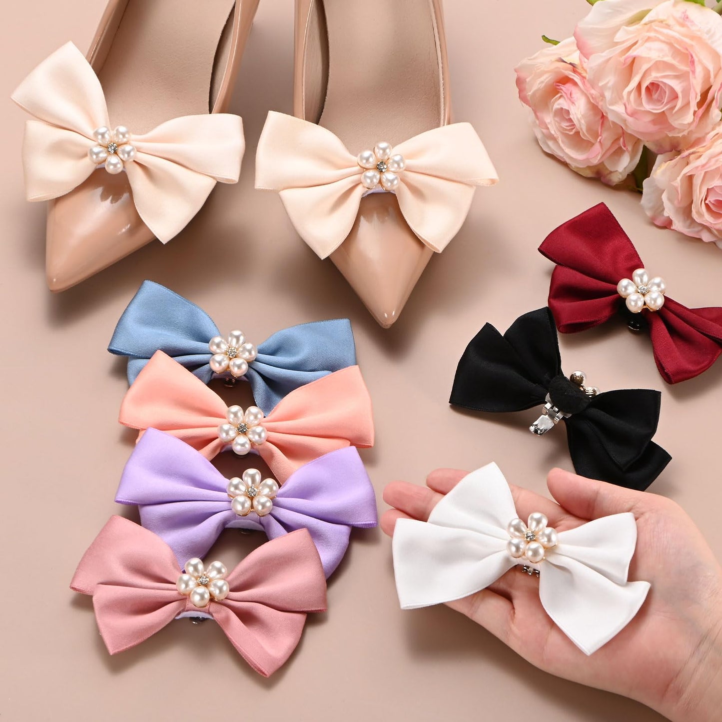 M METERXITY 2-Pack Bow Shoe Clips, Satin Elegant Detachable Shoe Buckle Bridal Bow Heels Accessories with Pearl Rhinestone for Wedding/Party/Prom, Cute Bowknot Heels Clip [Pure White]