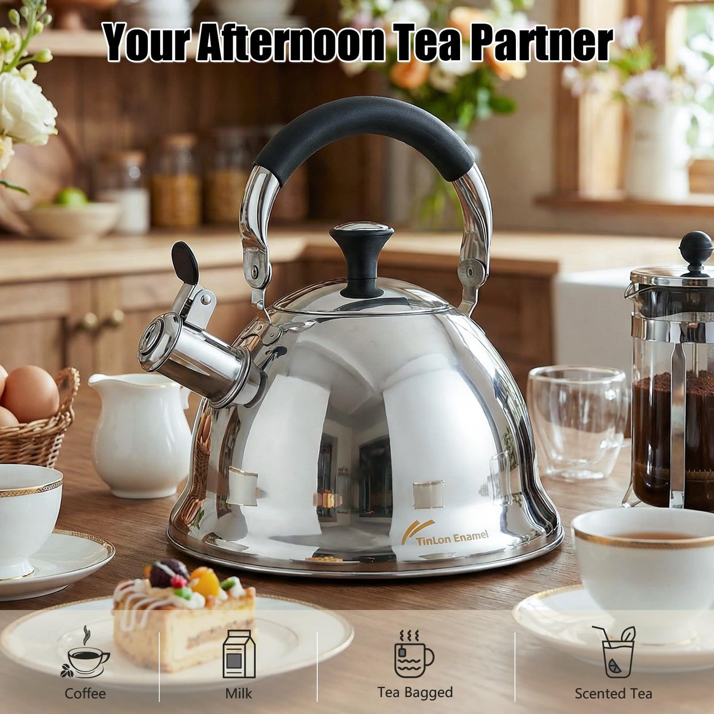 Tinlon Enamel Stainless Steel Whistling Tea Kettle Stovetop - 3.1QT Tea Top Mirror Finish, 304 Stainless Interior, Foldable Handle, Fast Heating for Tea, Coffee & Gifts