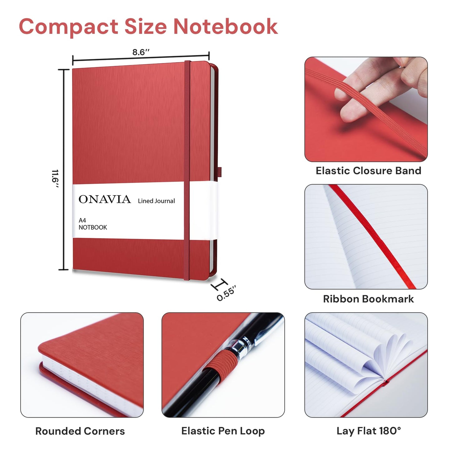 ONAVIA A4 Notebook Hardcover, 8.5" x 11" College Ruled Journal Notebook, Lay Flat 160 Pages (80 Sheets) Lined Notebook for School Notes, Note Taking, Red
