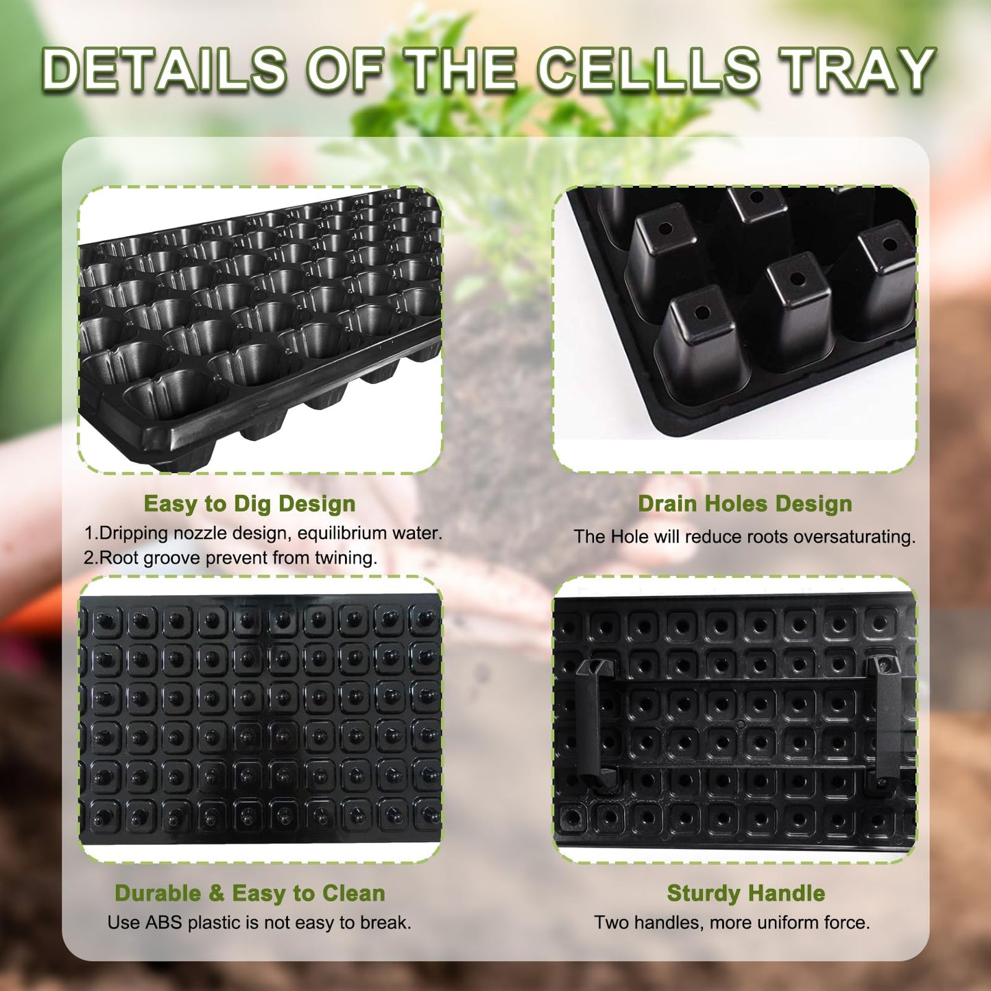 LARNORJE 72 Cell Seed Starter Trays with Dibber – 20 Pack Reusable Seedling Trays for Germination Propagation, 72 Hole Soil Digger for Quickly Setting Out, Gift for Gardener.